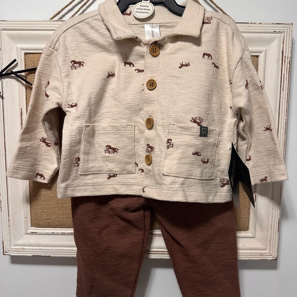 NWT- Gerber Tan Baby Outfit with Horse Design 3-6 months